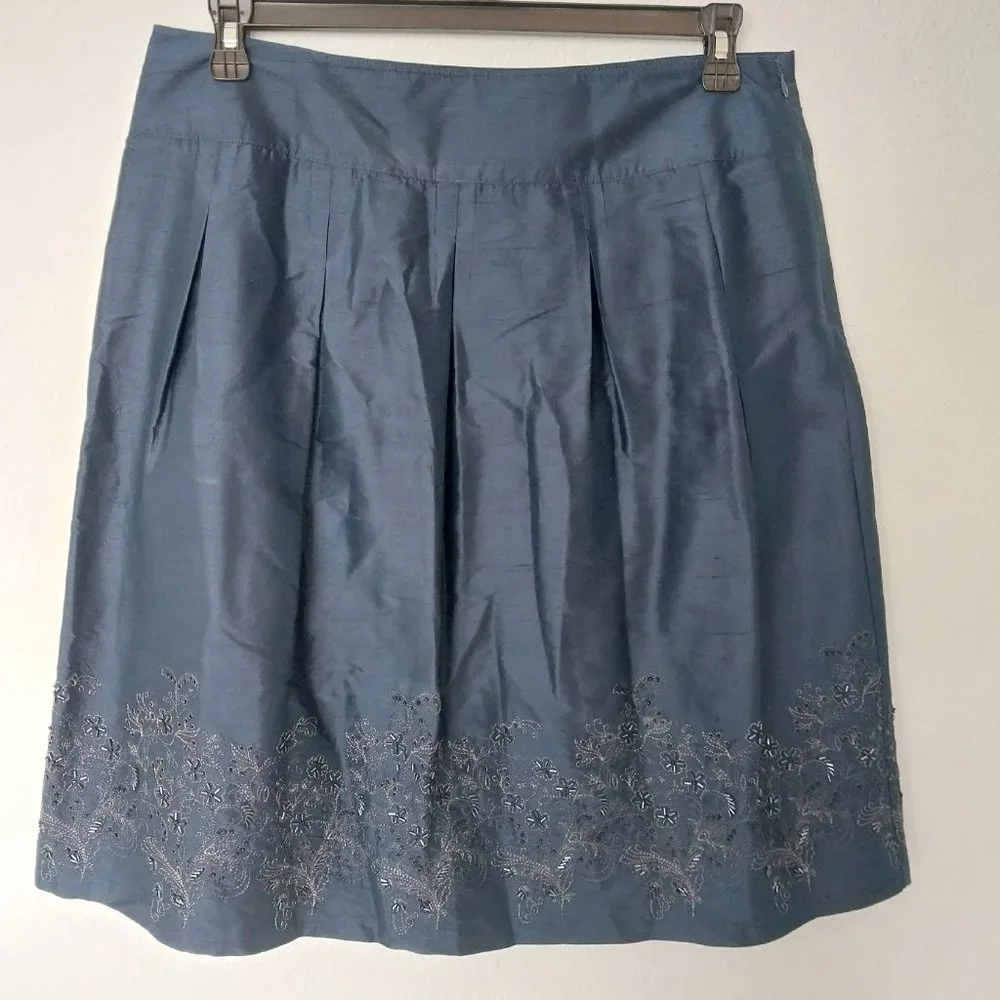 Janeville A-Line Blue Embroidered Silk Skirt  with Beading Detail NWOT - Picture 2 of 4
